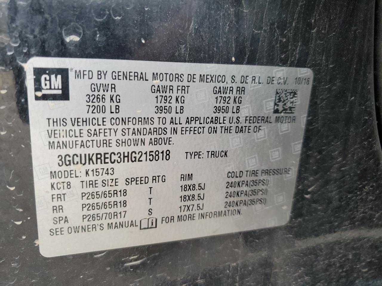 2017 Chevrolet Silverado K1500 Lt VIN: 3GCUKREC3HG215818 Lot: 81332015
