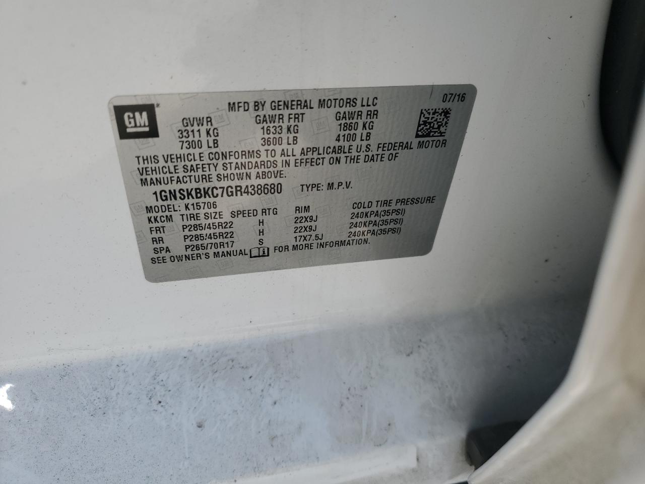 2016 Chevrolet Tahoe K1500 Lt VIN: 1GNSKBKC7GR438680 Lot: 70514245