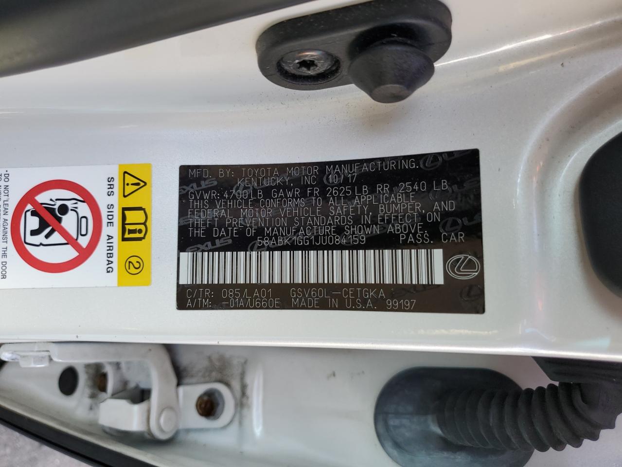 2018 Lexus Es 350 VIN: 58ABK1GG1JU084159 Lot: 80798725