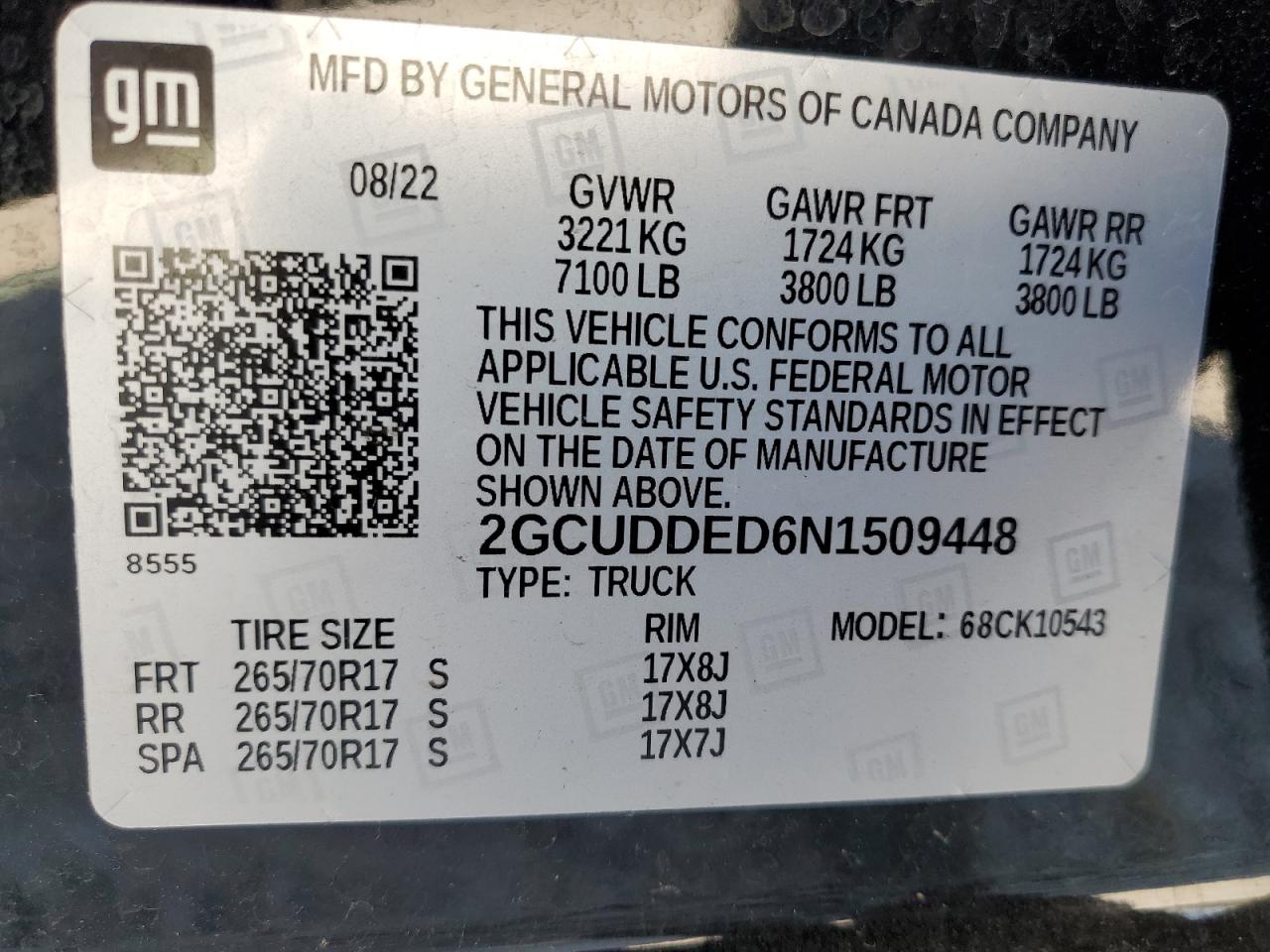 2022 Chevrolet Silverado K1500 Lt VIN: 2GCUDDED6N1509448 Lot: 80895015