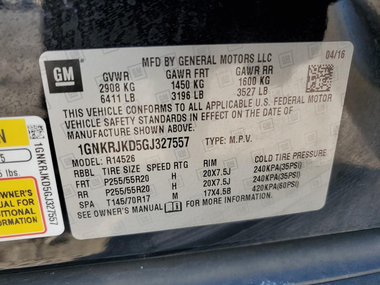 2016 Chevrolet Traverse Ltz VIN: 1GNKRJKD5GJ327557 Lot: 81009565