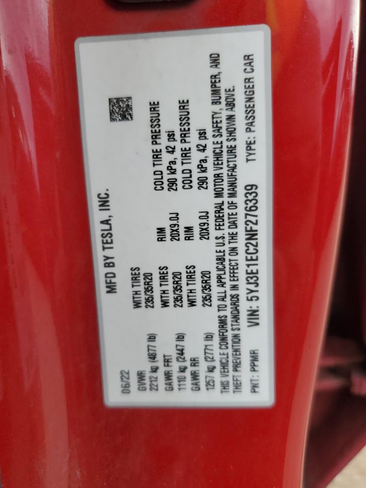 2022 Tesla Model 3 VIN: 5YJ3E1EC2NF276339 Lot: 69365335