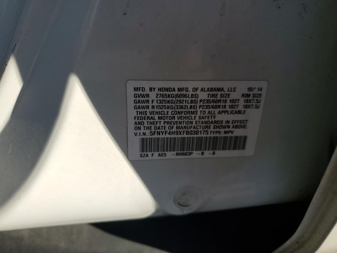 2015 Honda Pilot Touring VIN: 5FNYF4H9XFB030175 Lot: 81193205