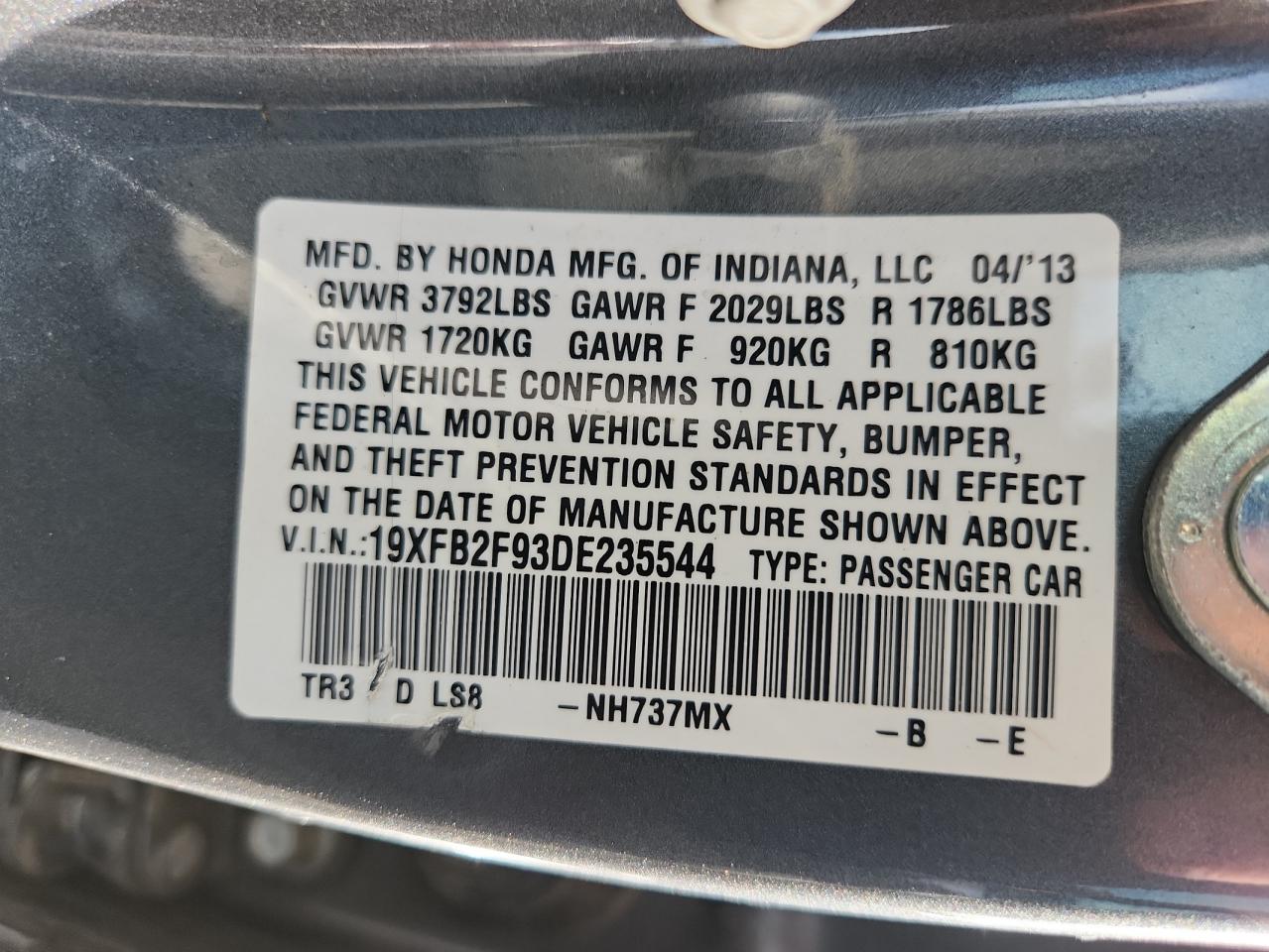 2013 Honda Civic Exl VIN: 19XFB2F93DE235544 Lot: 80015075