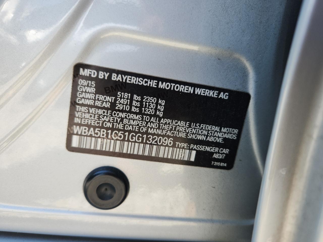 2016 BMW 535 I VIN: WBA5B1C51GG132096 Lot: 71638325