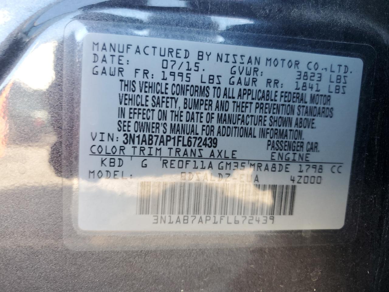 2015 Nissan Sentra S VIN: 3N1AB7AP1FL672439 Lot: 81881075