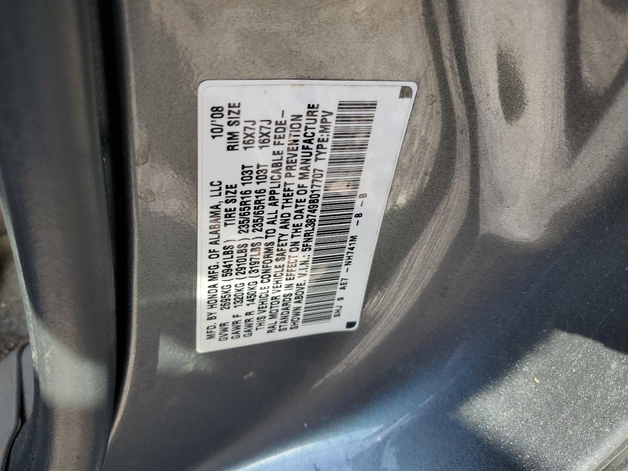 2009 Honda Odyssey Exl VIN: 5FNRL38749B017707 Lot: 81666755