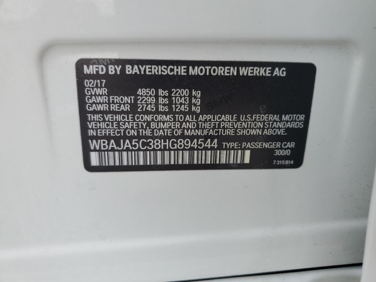 2017 BMW 530 I VIN: WBAJA5C38HG894544 Lot: 71475405