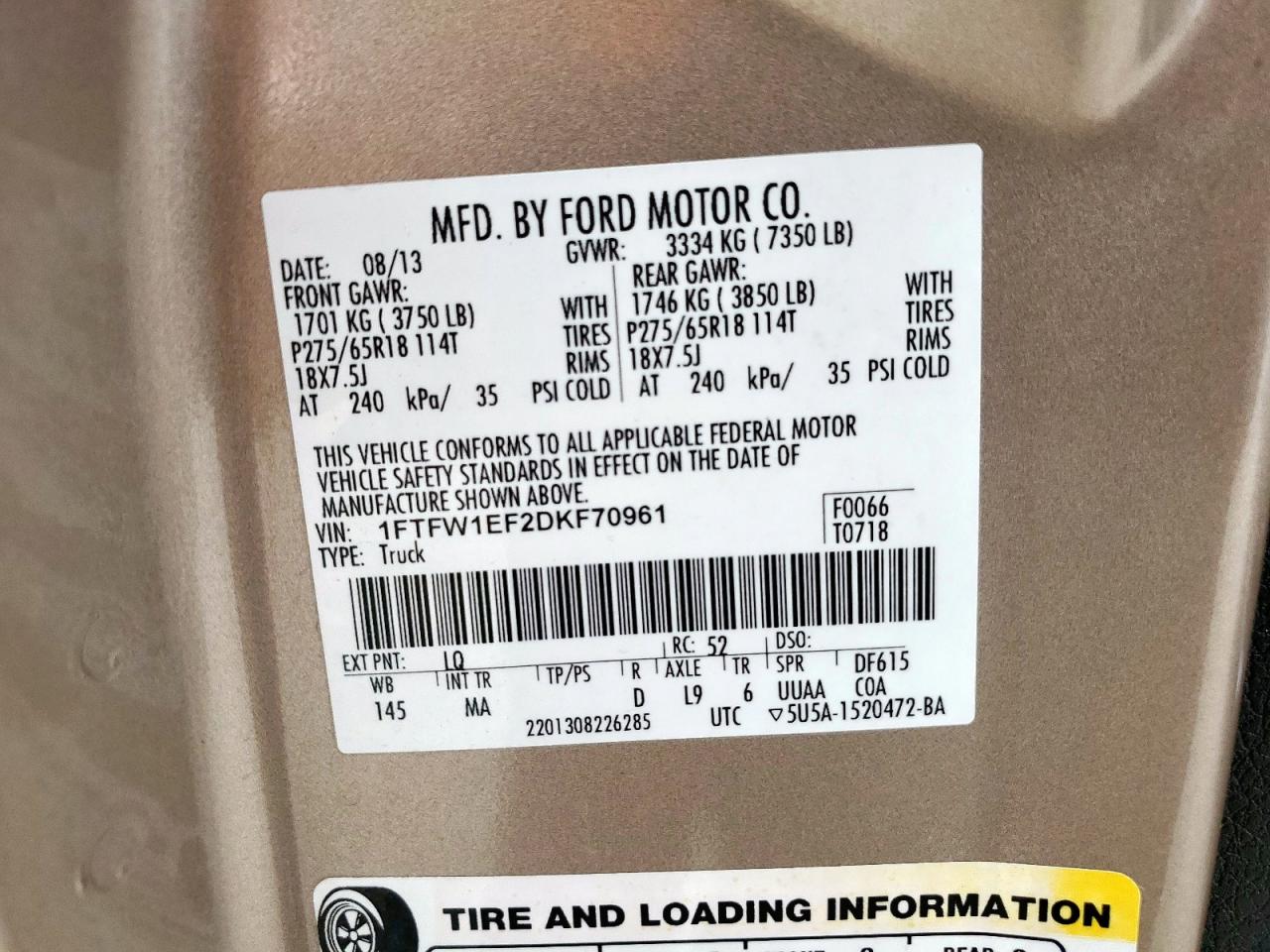 2013 Ford F150 Supercrew VIN: 1FTFW1EF2DKF70961 Lot: 71260415