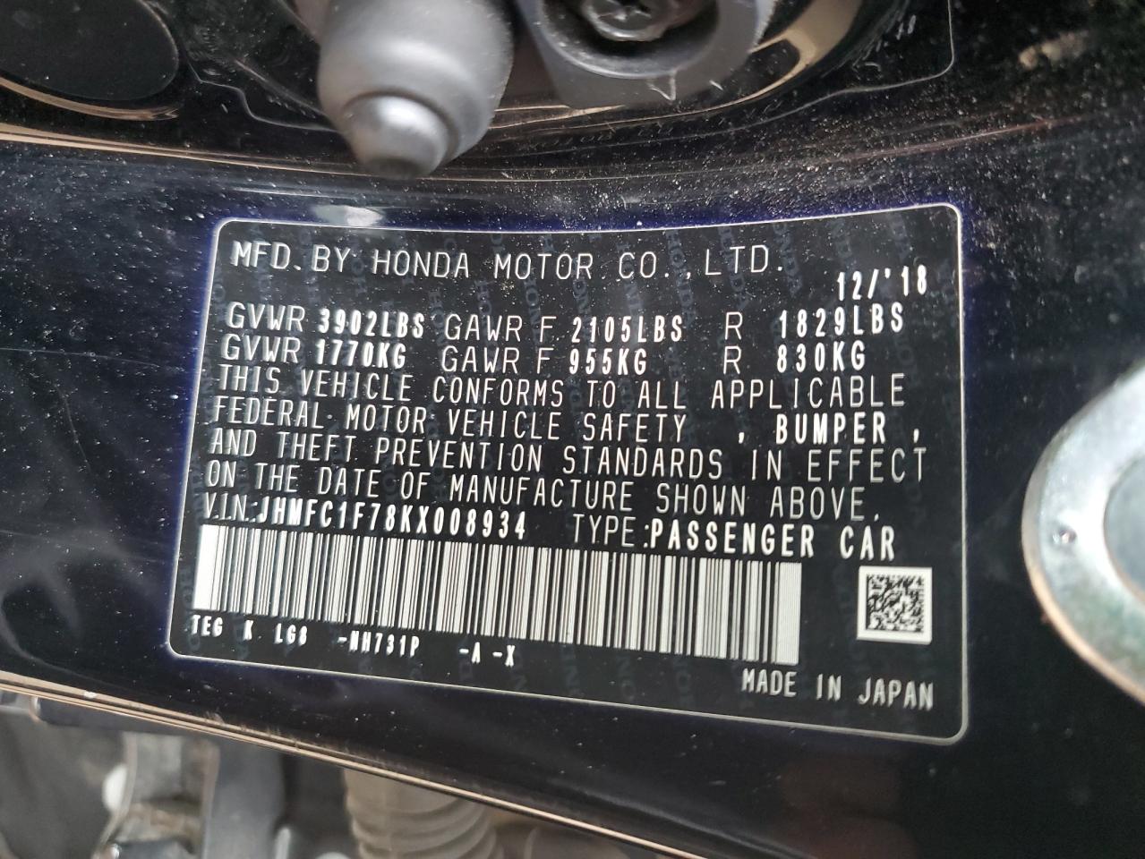 2019 Honda Civic Exl VIN: JHMFC1F78KX008934 Lot: 70153115