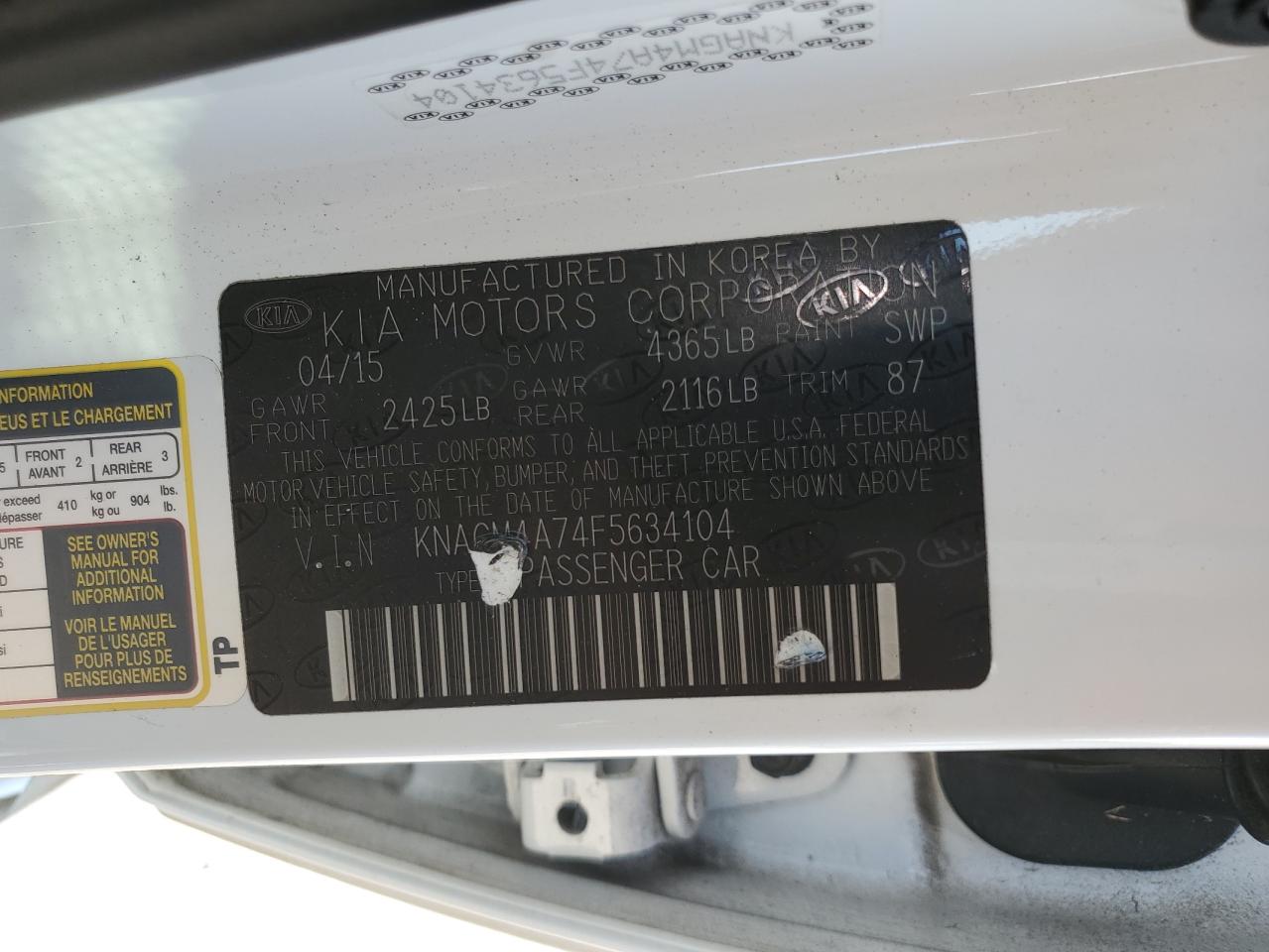 2015 Kia Optima Lx VIN: KNAGM4A74F5634104 Lot: 80689025