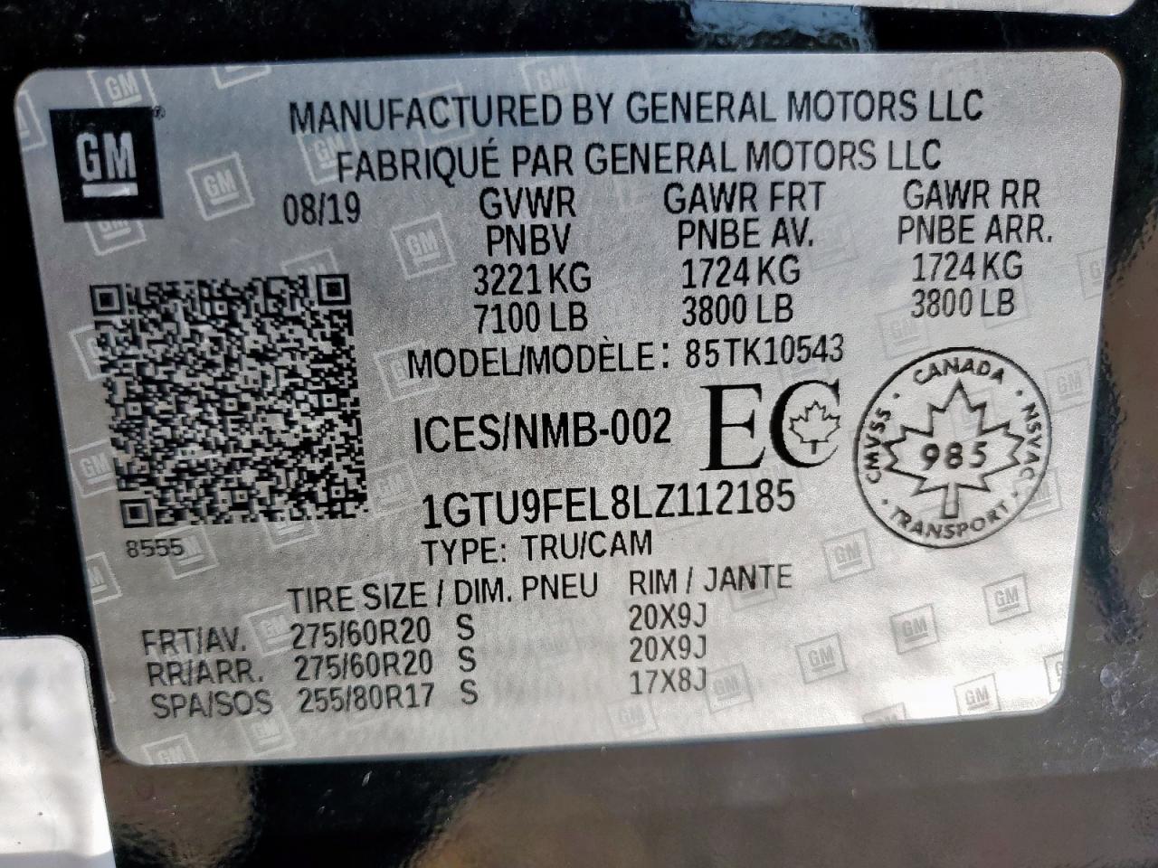 2020 GMC Sierra K1500 Denali VIN: 1GTU9FEL8LZ112185 Lot: 80490785