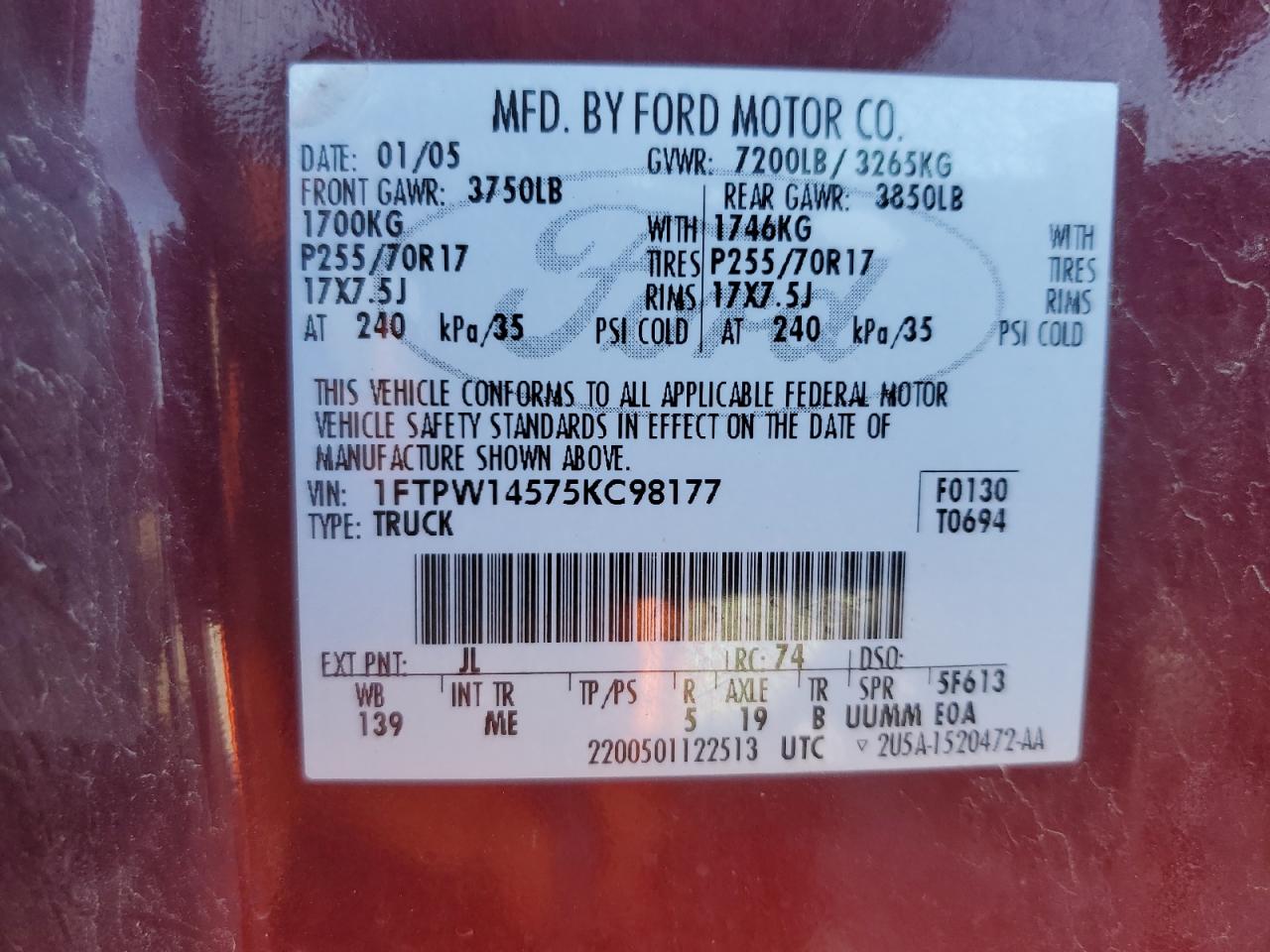 2005 Ford F150 Supercrew VIN: 1FTPW14575KC98177 Lot: 81123905