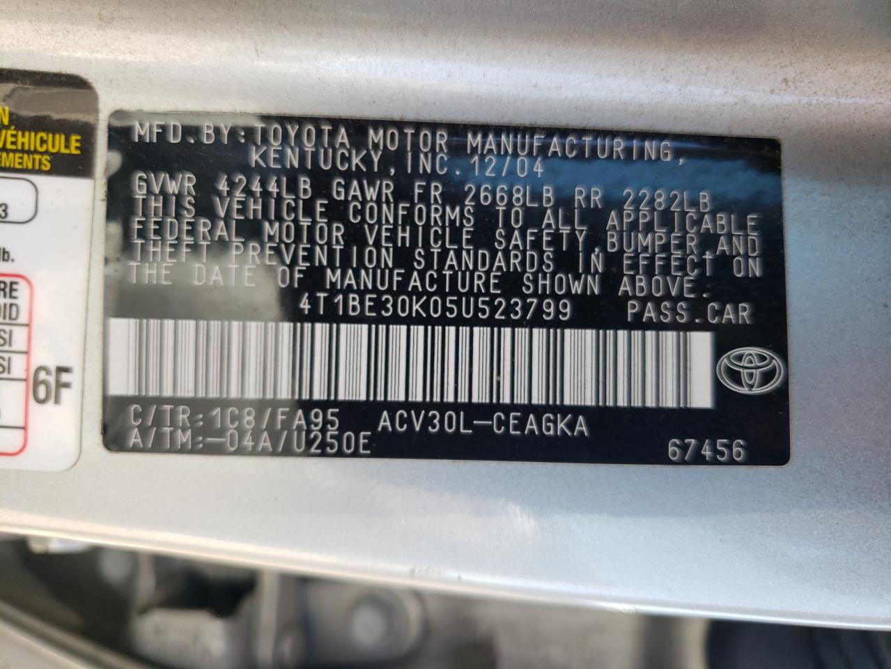 2005 Toyota Camry Le VIN: 4T1BE30K05U523799 Lot: 82148935