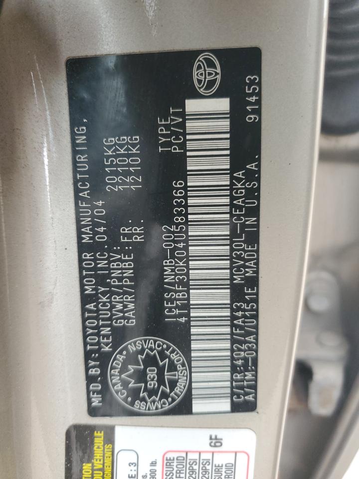 2004 Toyota Camry Le VIN: 4T1BF30K04U583366 Lot: 70001735