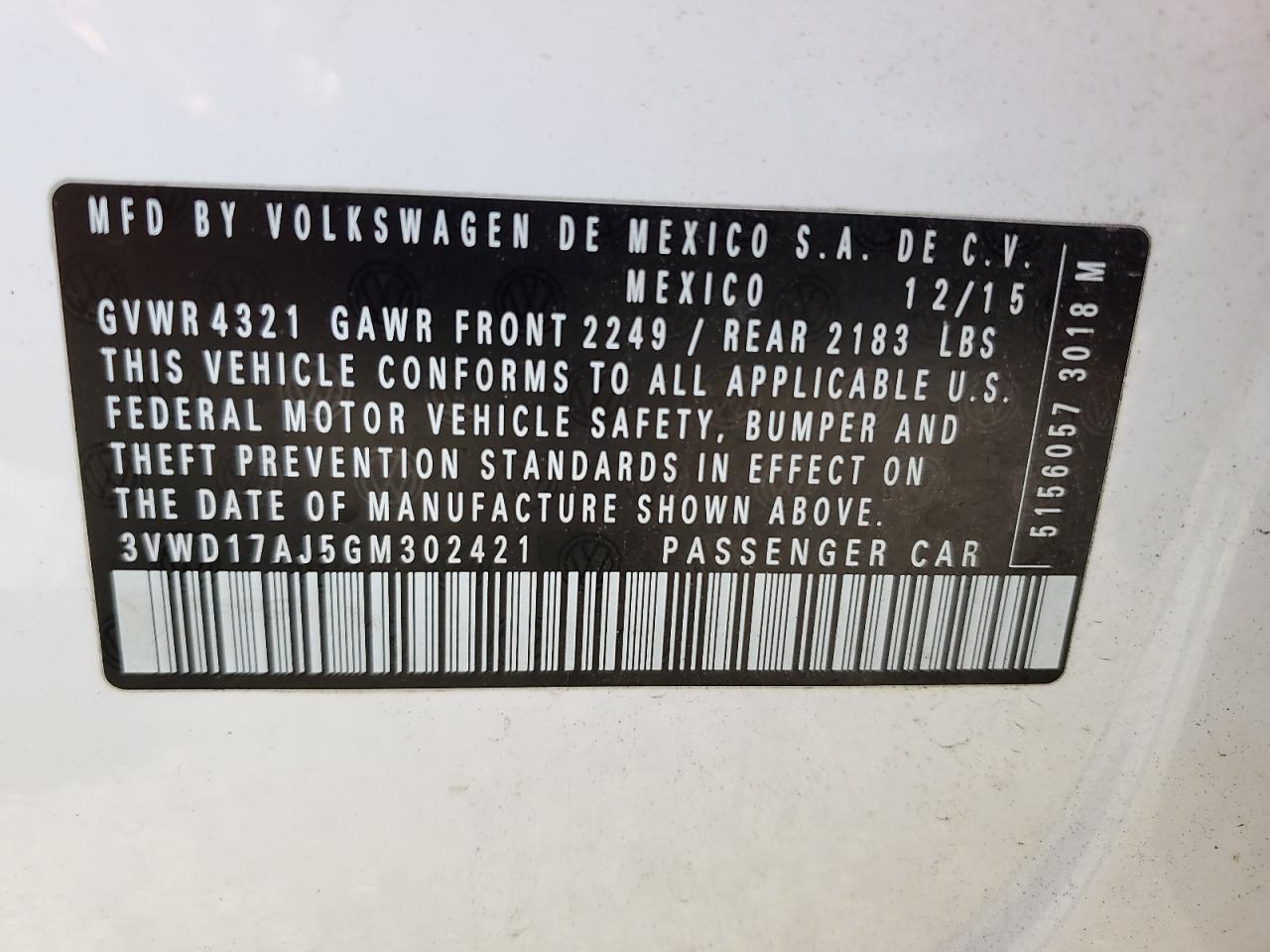 2016 Volkswagen Jetta Sport VIN: 3VWD17AJ5GM302421 Lot: 71174035