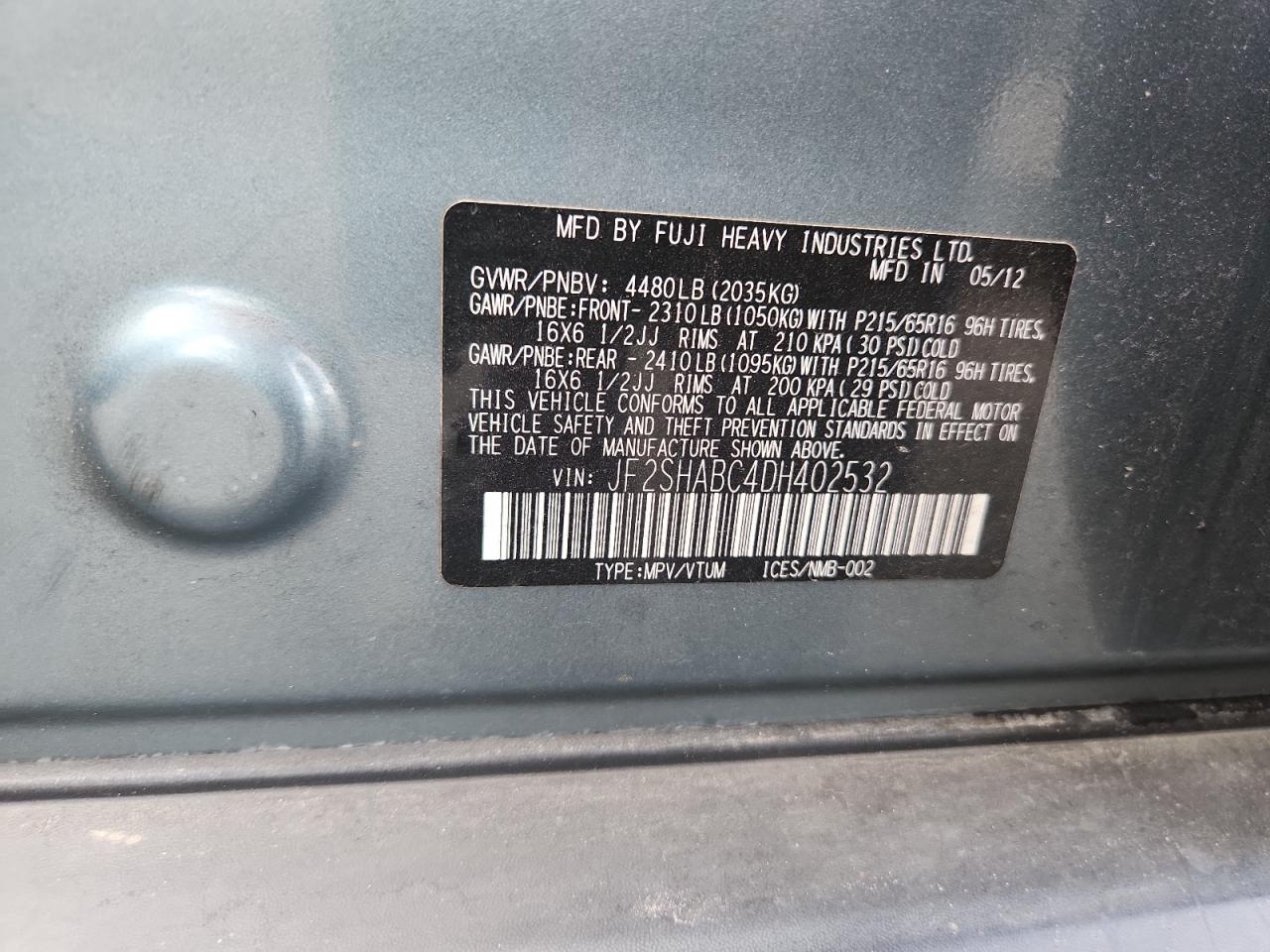 2013 Subaru Forester 2.5X VIN: JF2SHABC4DH402532 Lot: 84226855