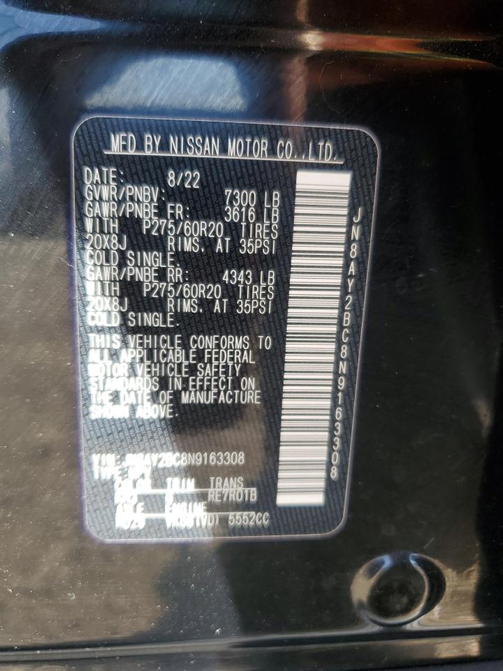 2022 Nissan Armada Sl VIN: JN8AY2BC8N9163308 Lot: 80750875