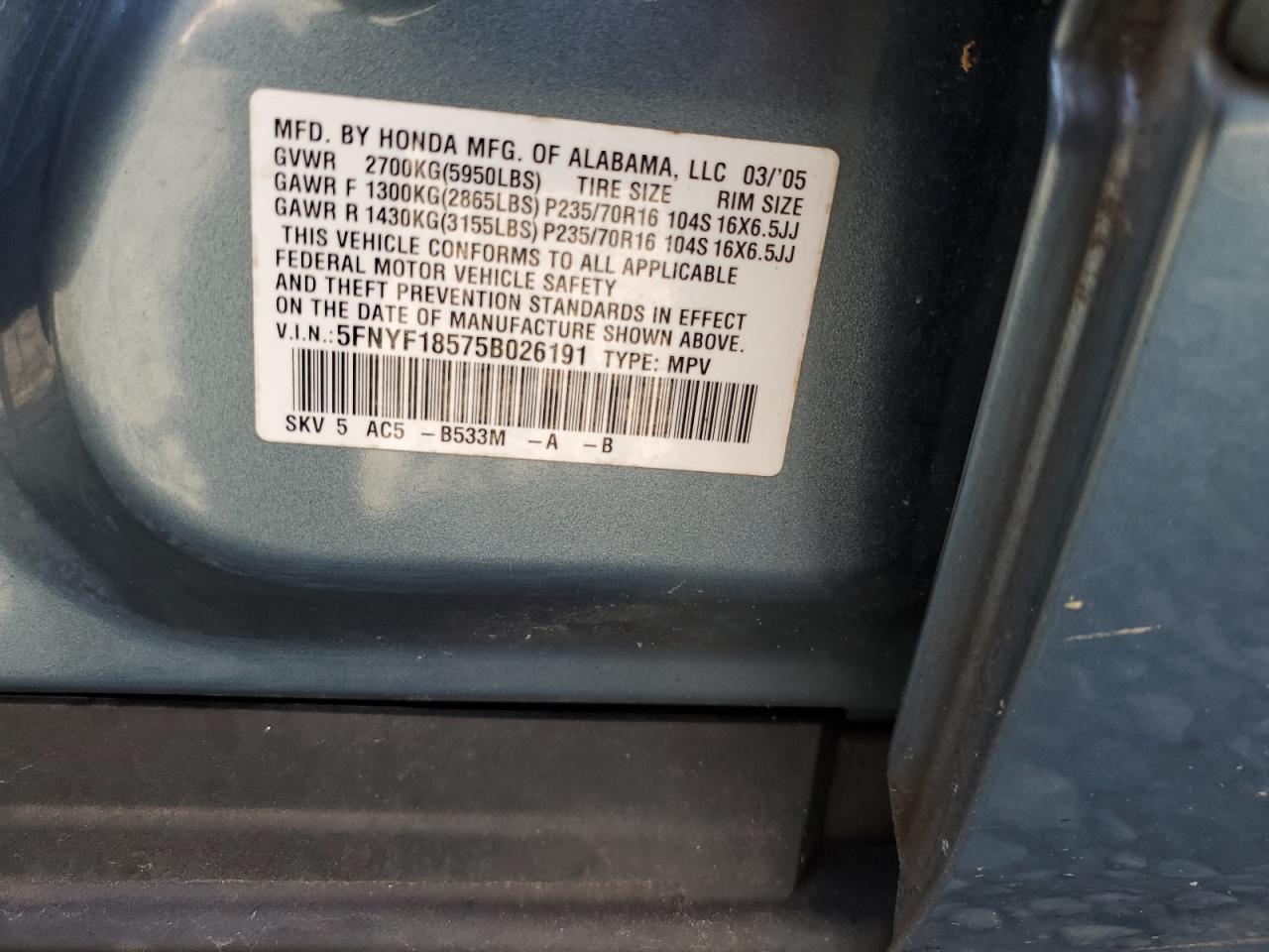 2005 Honda Pilot Exl VIN: 5FNYF18575B026191 Lot: 81709995