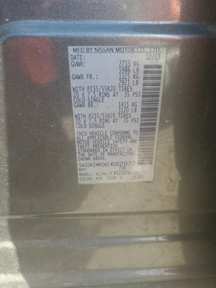 2019 Nissan Pathfinder S VIN: 5N1DR2MM1KC602077 Lot: 81809895