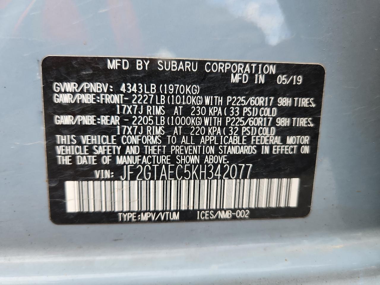 2019 Subaru Crosstrek Premium VIN: JF2GTAEC5KH342077 Lot: 71985565