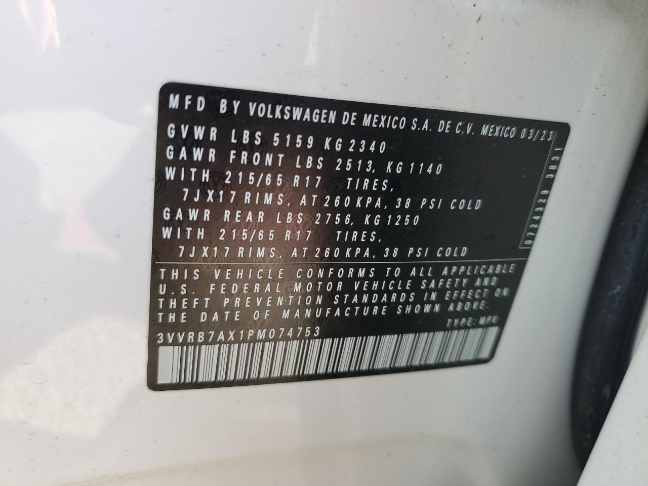 2023 Volkswagen Tiguan S VIN: 3VVRB7AX1PM074753 Lot: 81682955