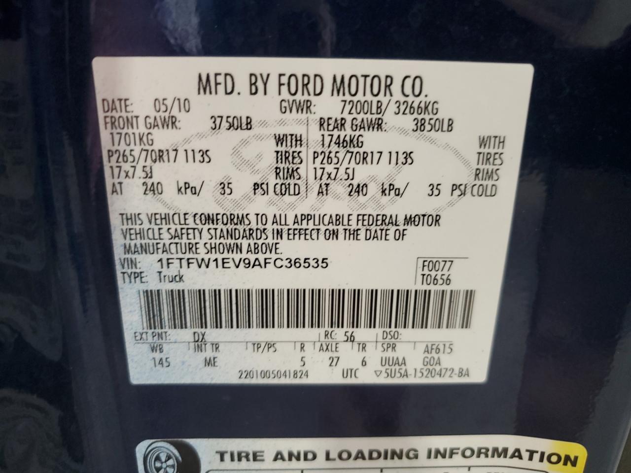 2010 Ford F150 Supercrew VIN: 1FTFW1EV9AFC36535 Lot: 81179225