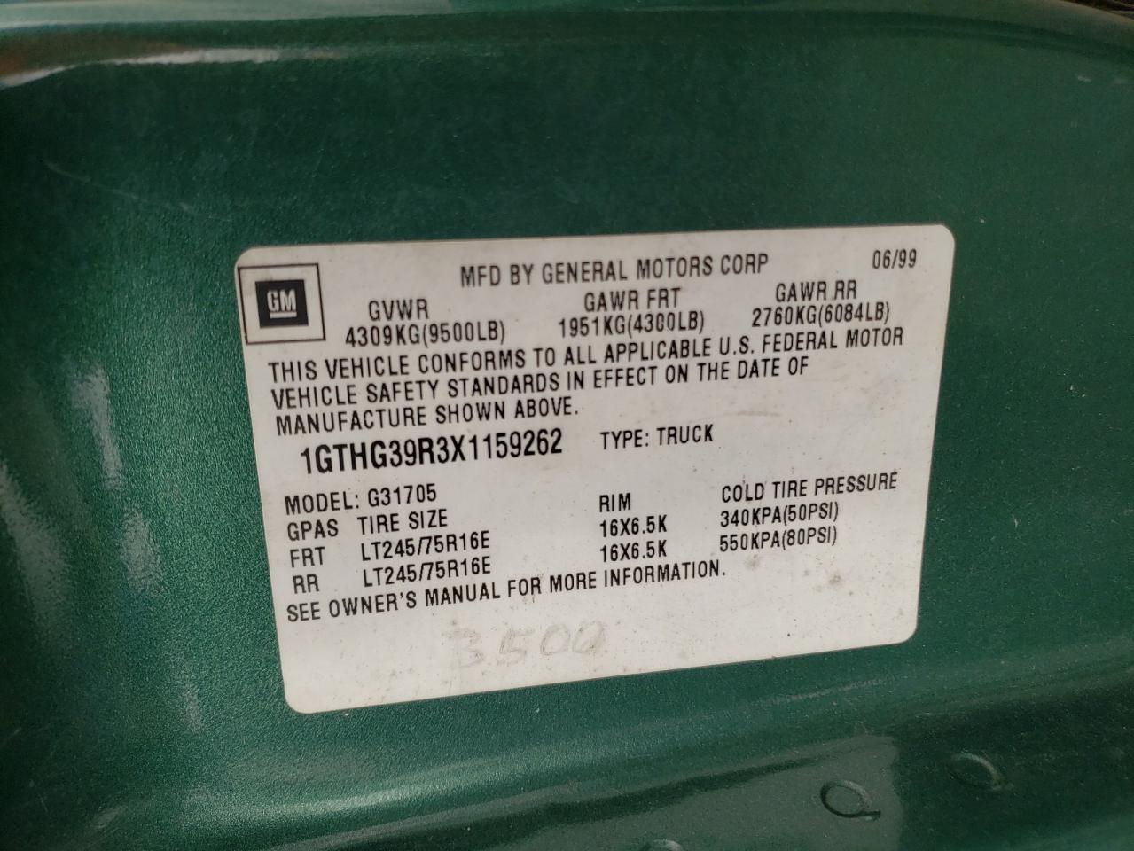 1999 GMC Savana G3500 VIN: 1GTHG39R3X1159262 Lot: 80966005