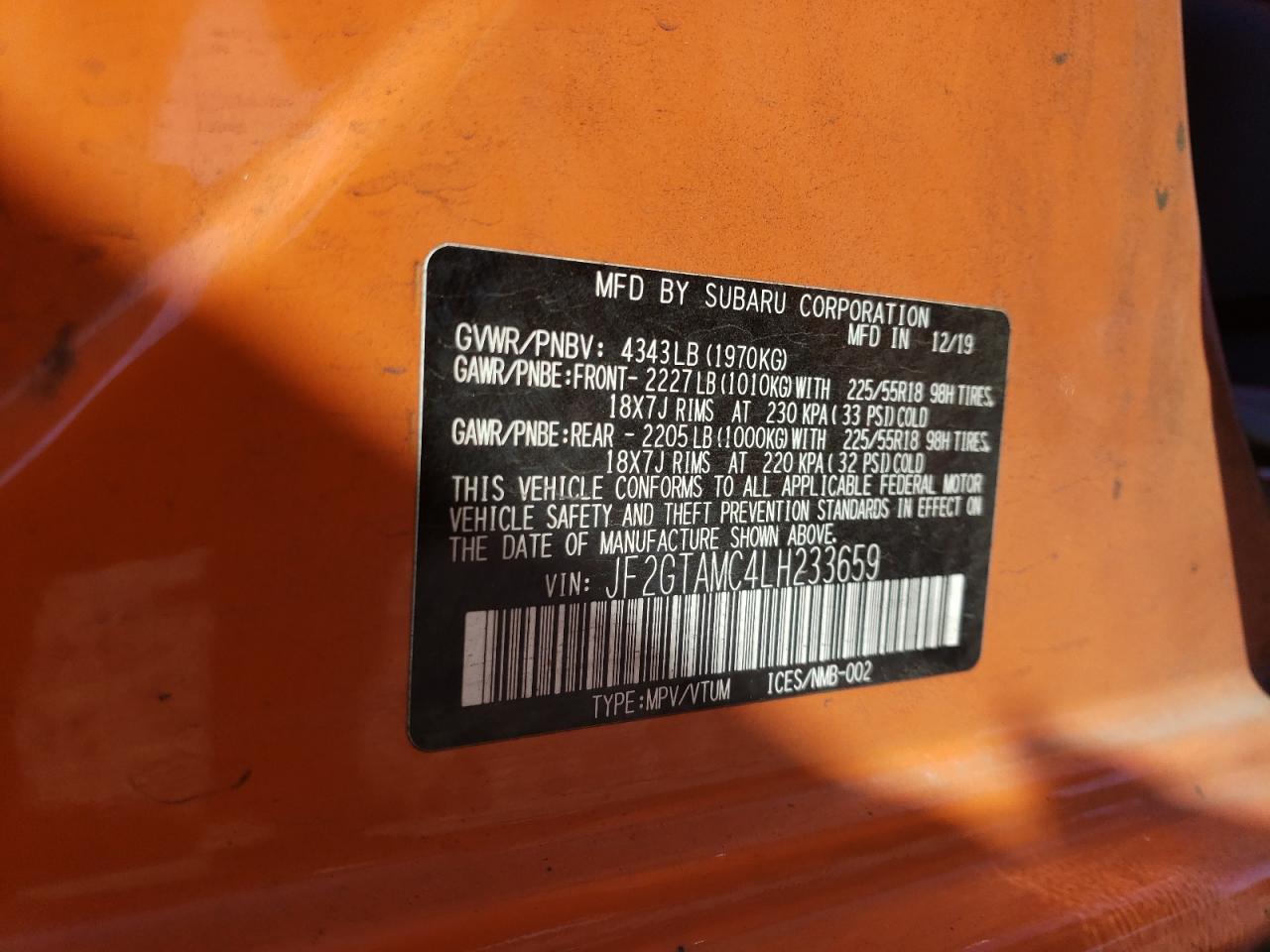 2020 Subaru Crosstrek Limited VIN: JF2GTAMC4LH233659 Lot: 82102325