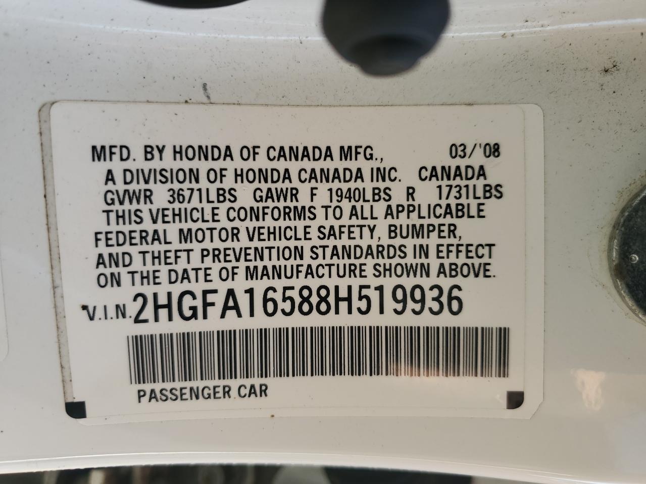 2008 Honda Civic Lx VIN: 2HGFA16588H519936 Lot: 81206445