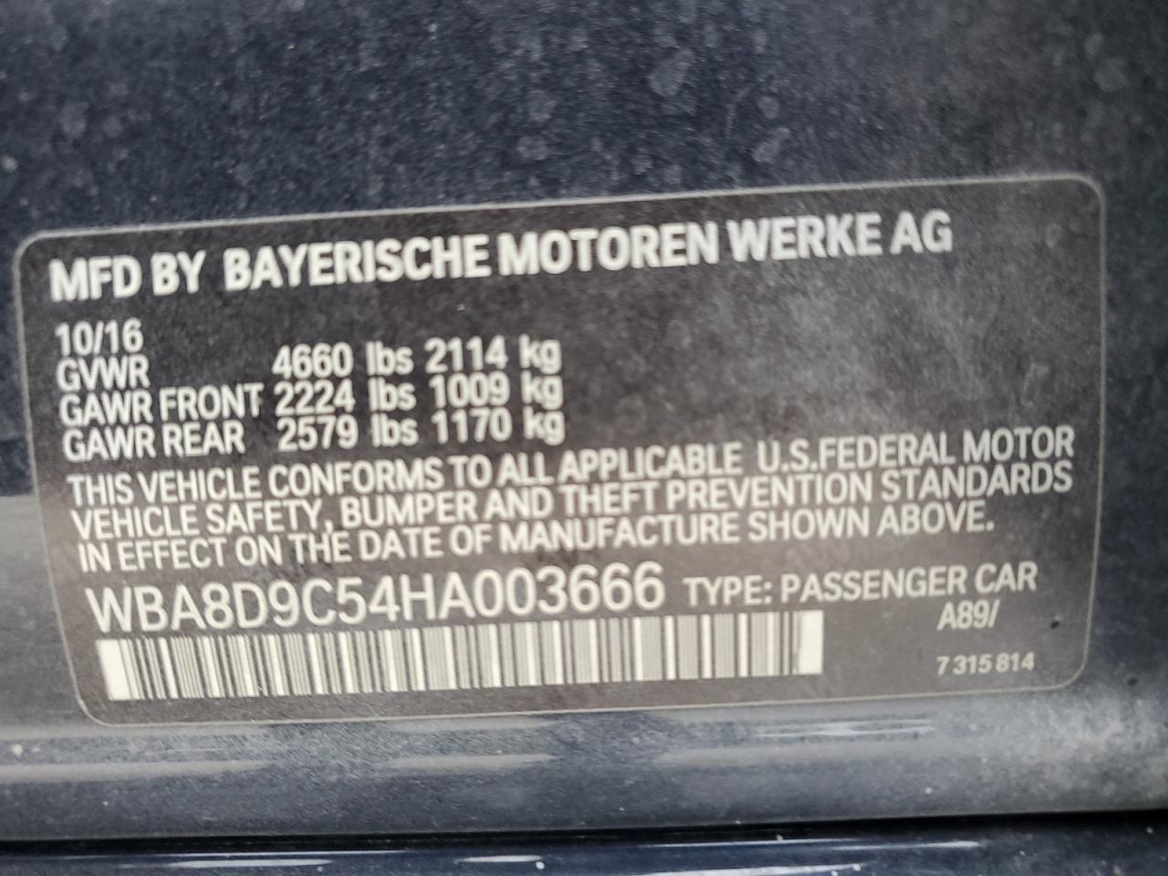 2017 BMW 330 Xi VIN: WBA8D9C54HA003666 Lot: 71433455