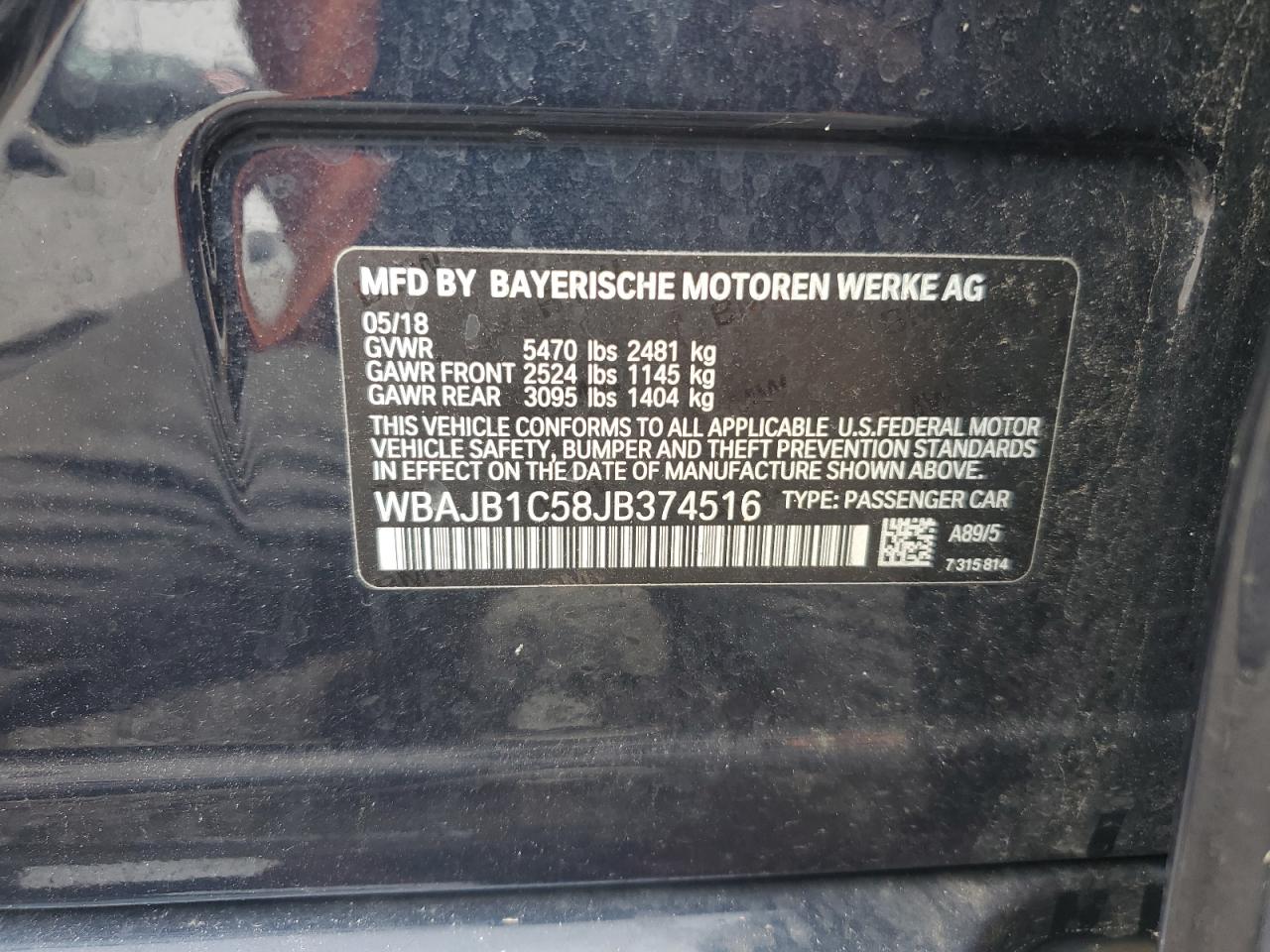 2018 BMW 530Xe VIN: WBAJB1C58JB374516 Lot: 71597415