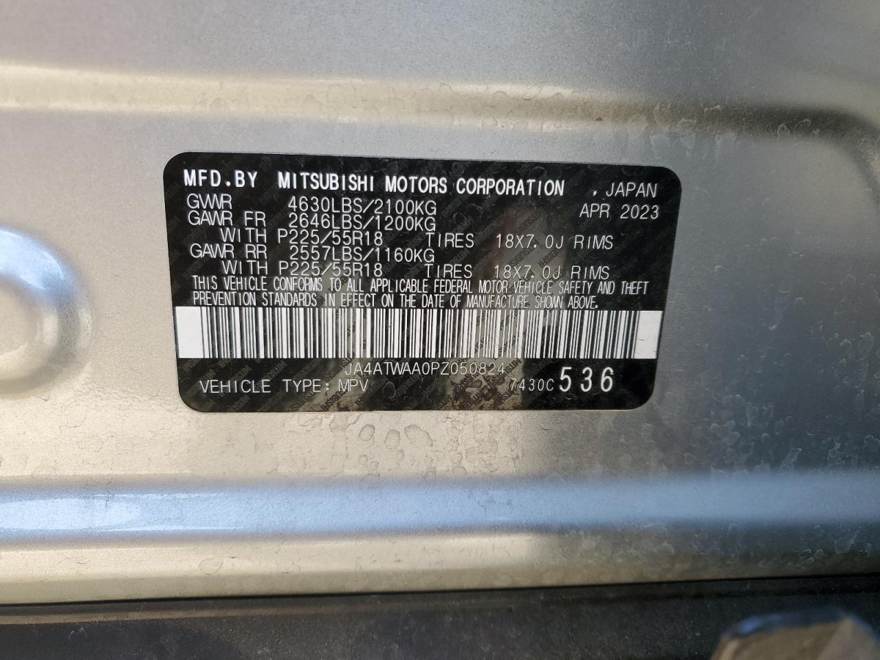 2023 Mitsubishi Eclipse Cross Se VIN: JA4ATWAA0PZ050824 Lot: 80547845