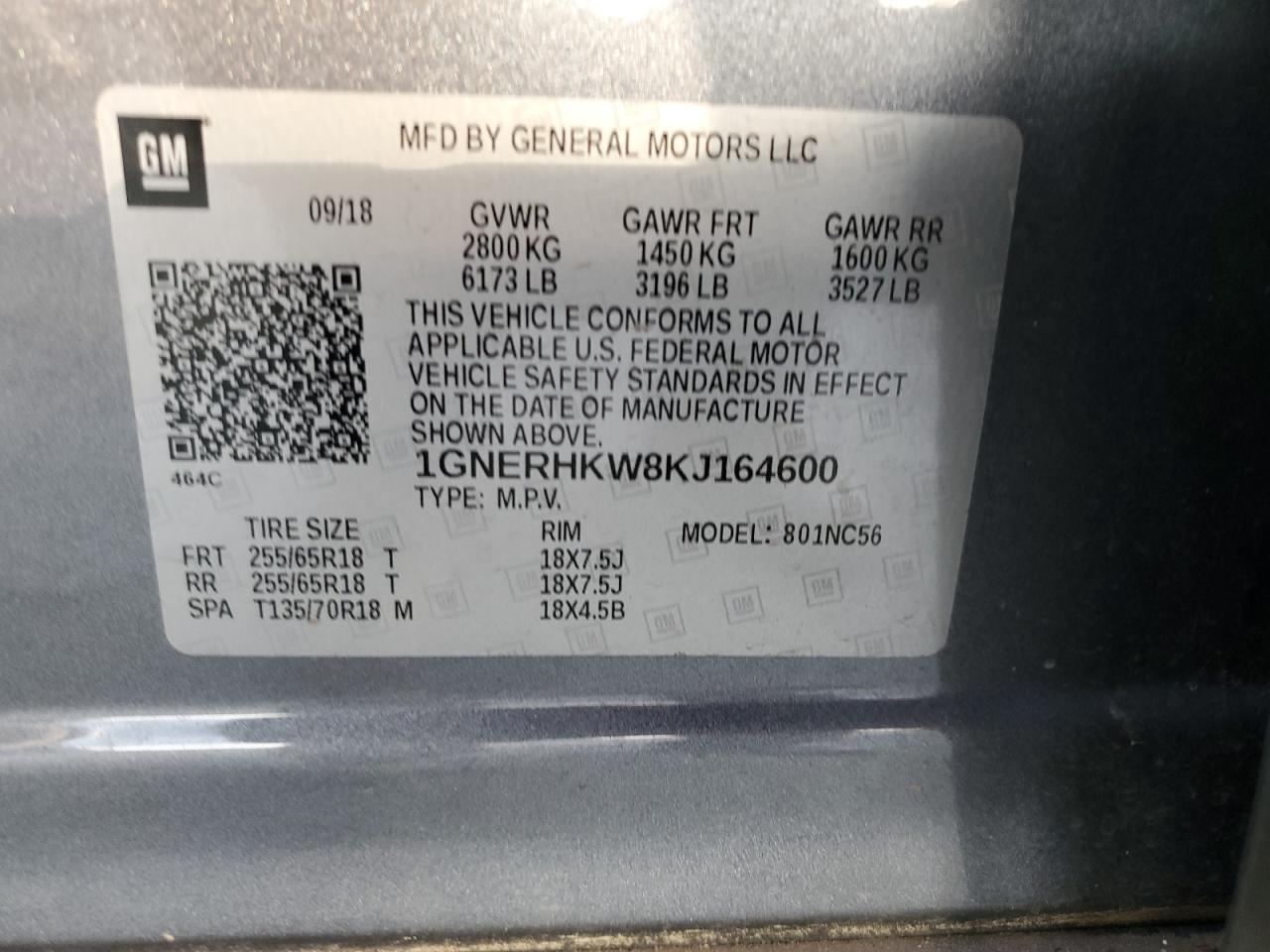 2019 Chevrolet Traverse Lt VIN: 1GNERHKW8KJ164600 Lot: 70917145