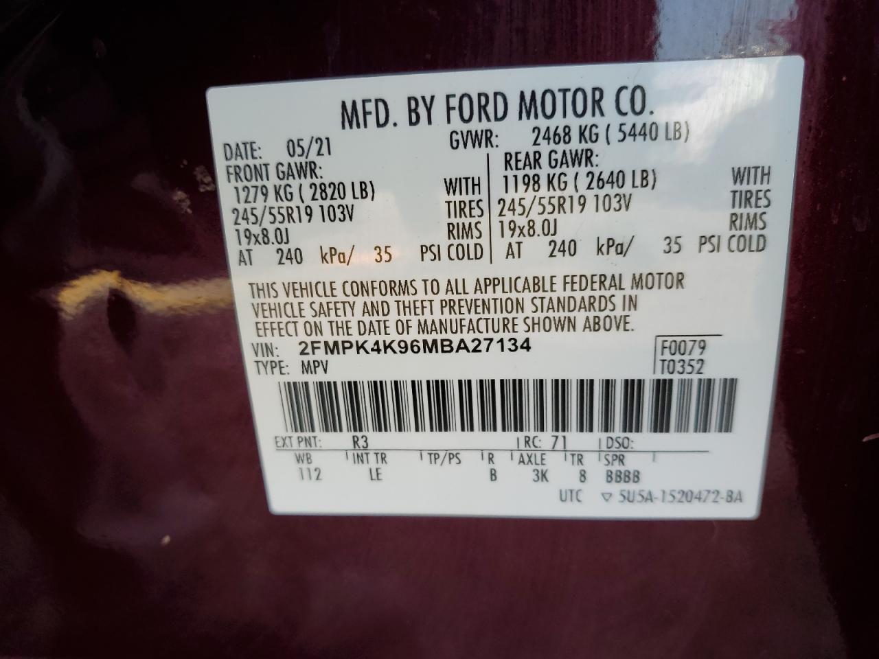 2021 Ford Edge Titanium VIN: 2FMPK4K96MBA27134 Lot: 81260245