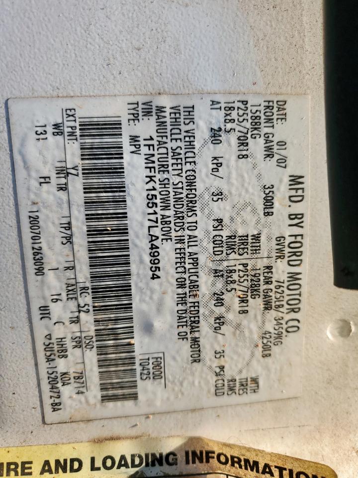 2007 Ford Expedition El Xlt VIN: 1FMFK15517LA49954 Lot: 71857505