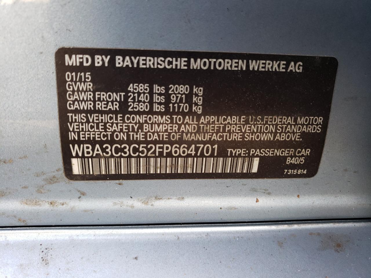 2015 BMW 320 I xDrive VIN: WBA3C3C52FP664701 Lot: 81791715