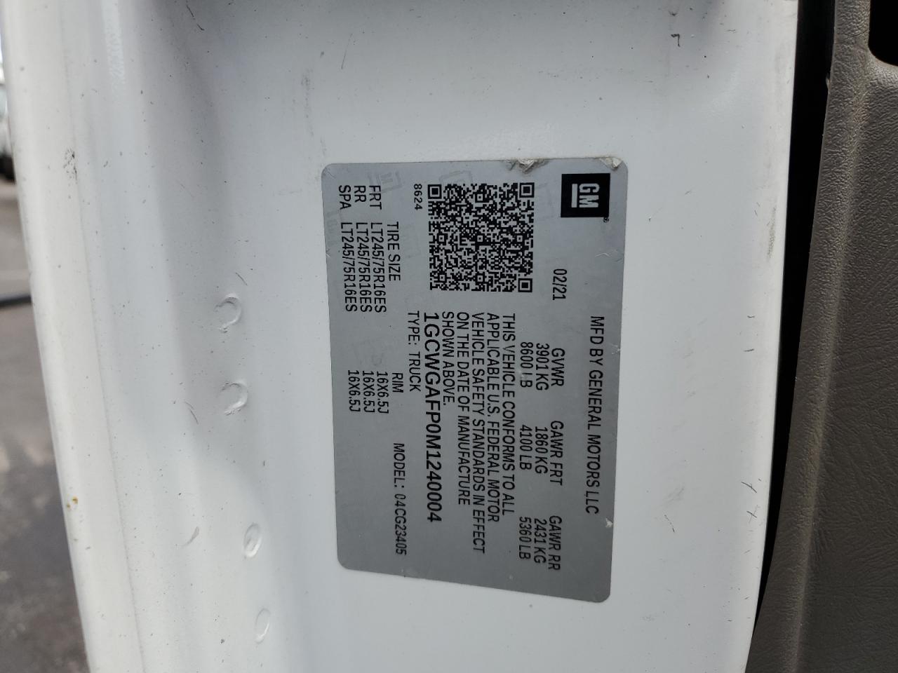 2021 Chevrolet Express G2500 VIN: 1GCWGAFP0M1240004 Lot: 81926905