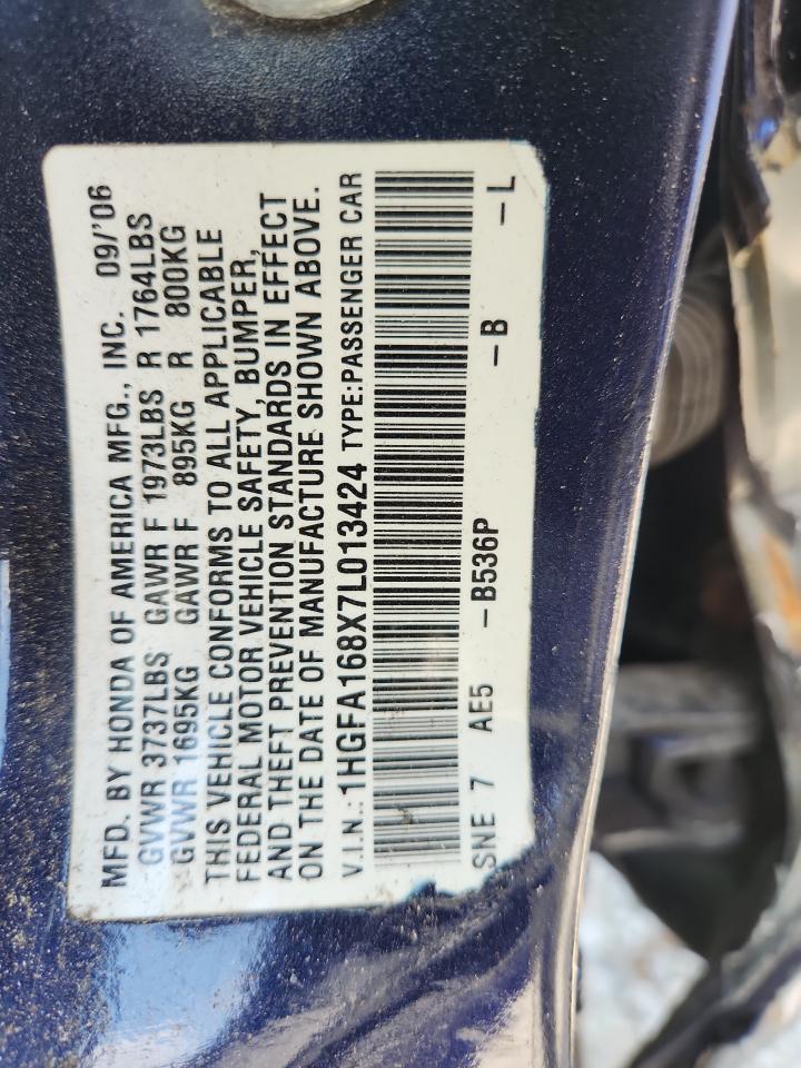 2007 Honda Civic Ex VIN: 1HGFA168X7L013424 Lot: 71609465