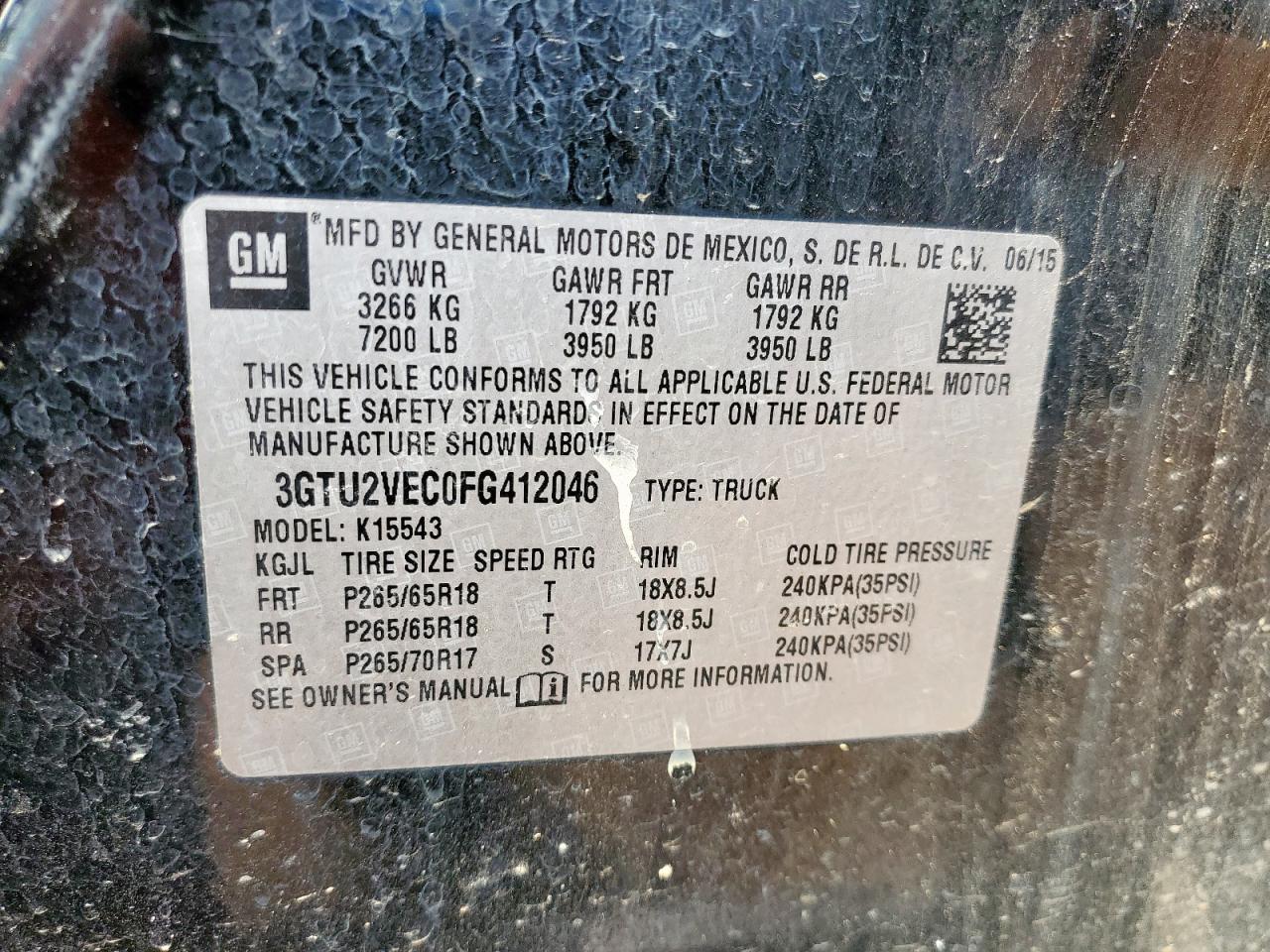 2015 GMC Sierra K1500 Slt VIN: 3GTU2VEC0FG412046 Lot: 84766085