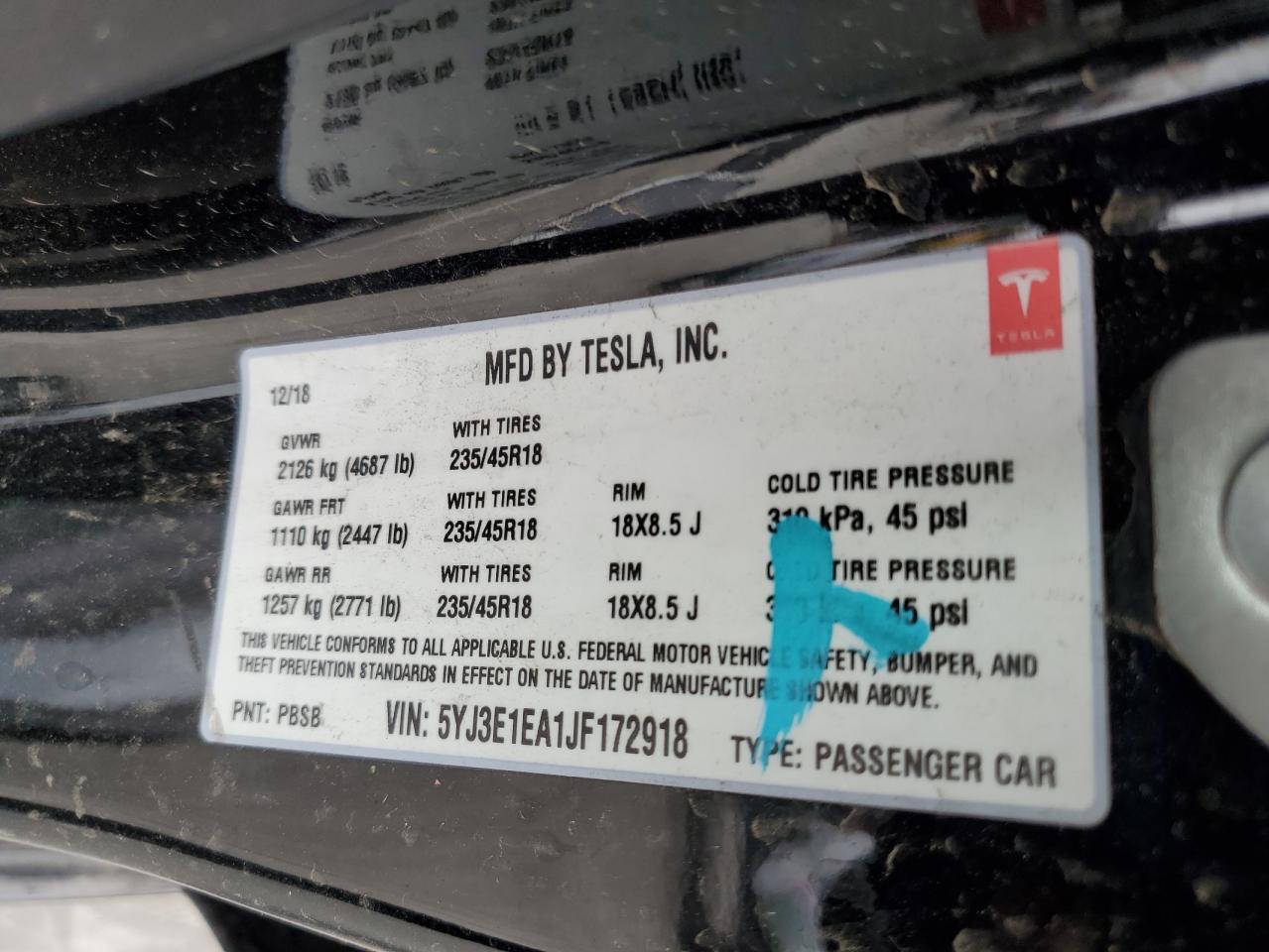 2018 Tesla Model 3 VIN: 5YJ3E1EA1JF172918 Lot: 84381875