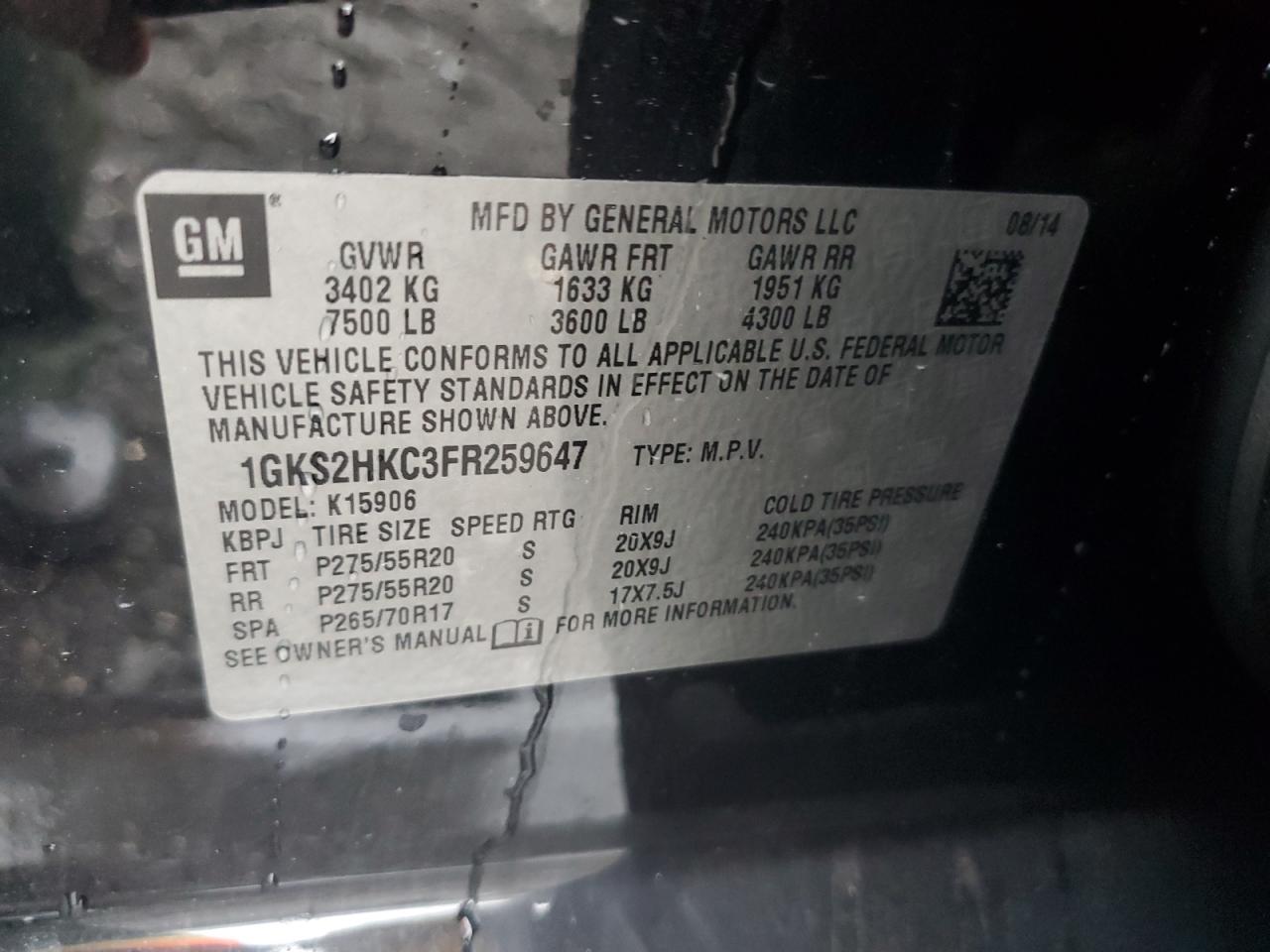 2015 GMC Yukon Xl K1500 Slt VIN: 1GKS2HKC3FR259647 Lot: 84024175