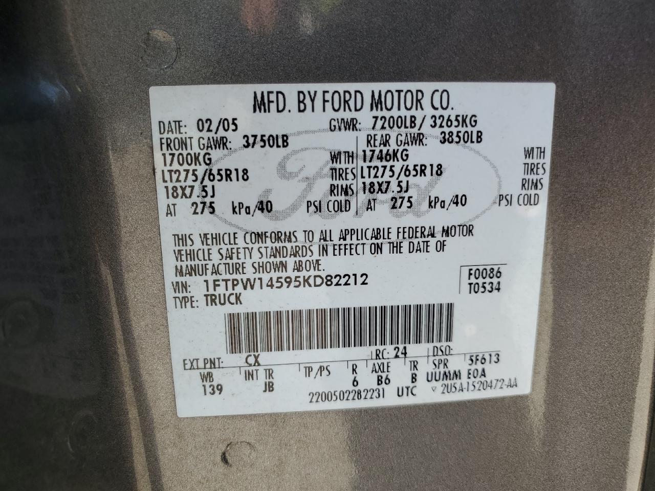 2005 Ford F150 Supercrew VIN: 1FTPW14595KD82212 Lot: 81331015