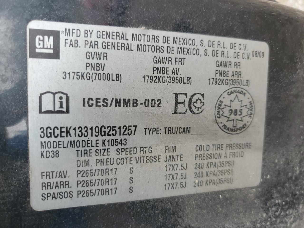 2009 Chevrolet Silverado K1500 VIN: 3GCEK13319G251257 Lot: 81839035