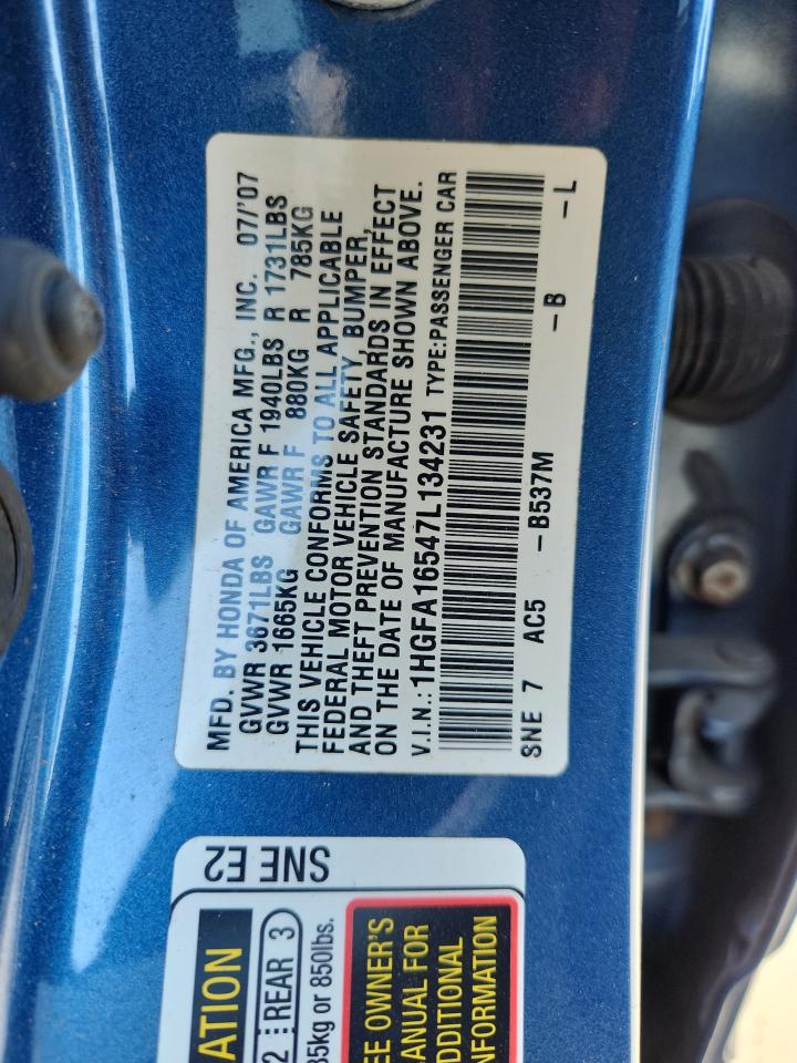 2007 Honda Civic Lx VIN: 1HGFA16547L134231 Lot: 81401575