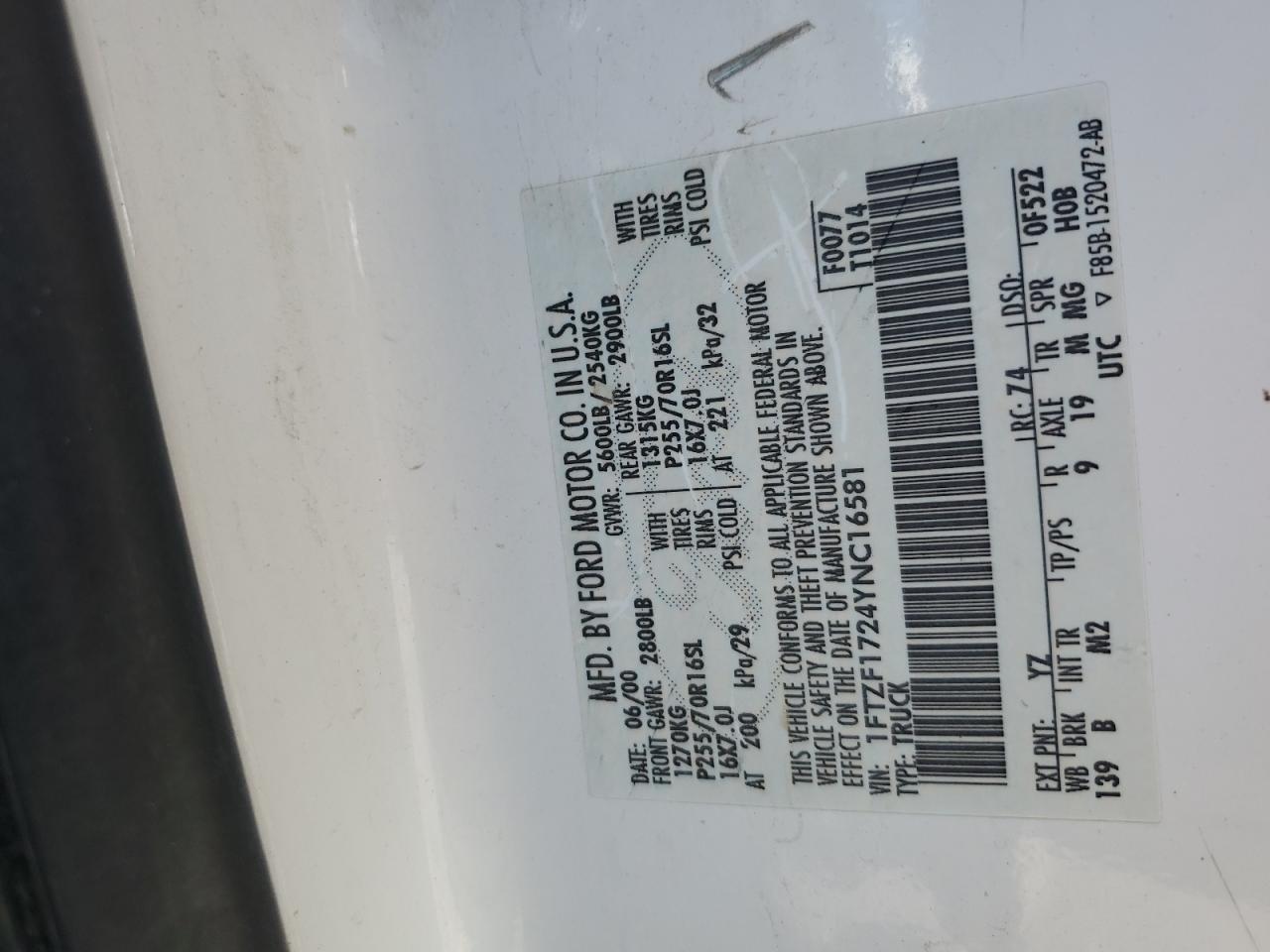 2000 Ford F150 VIN: 1FTZF1724YNC16581 Lot: 80506525