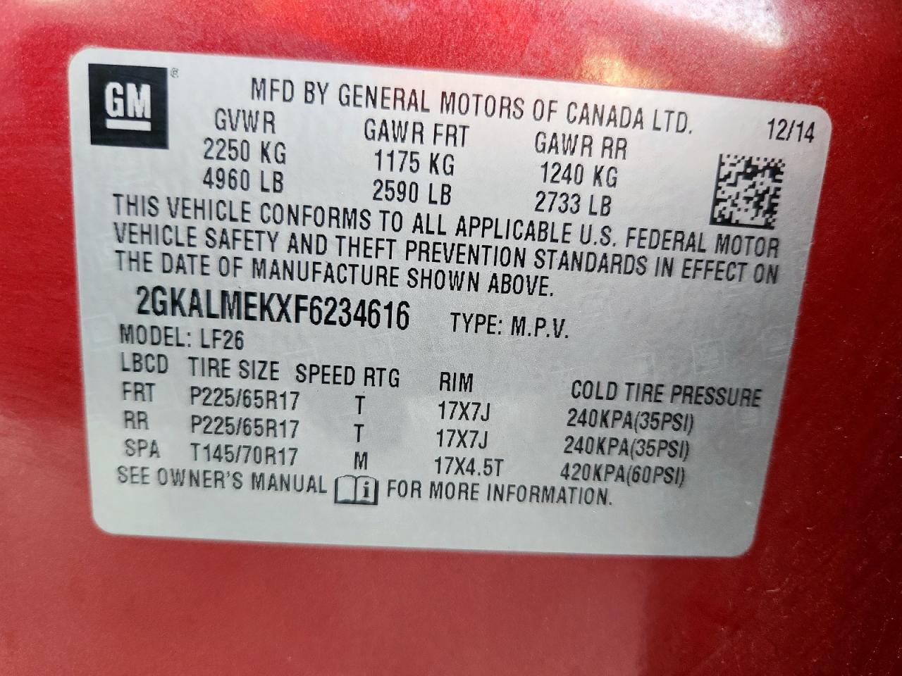 2015 GMC Terrain Sle VIN: 2GKALMEKXF6234616 Lot: 84251765