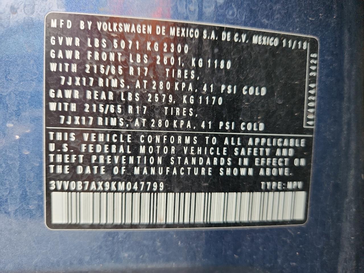 2019 Volkswagen Tiguan S VIN: 3VV0B7AX9KM047799 Lot: 83848895