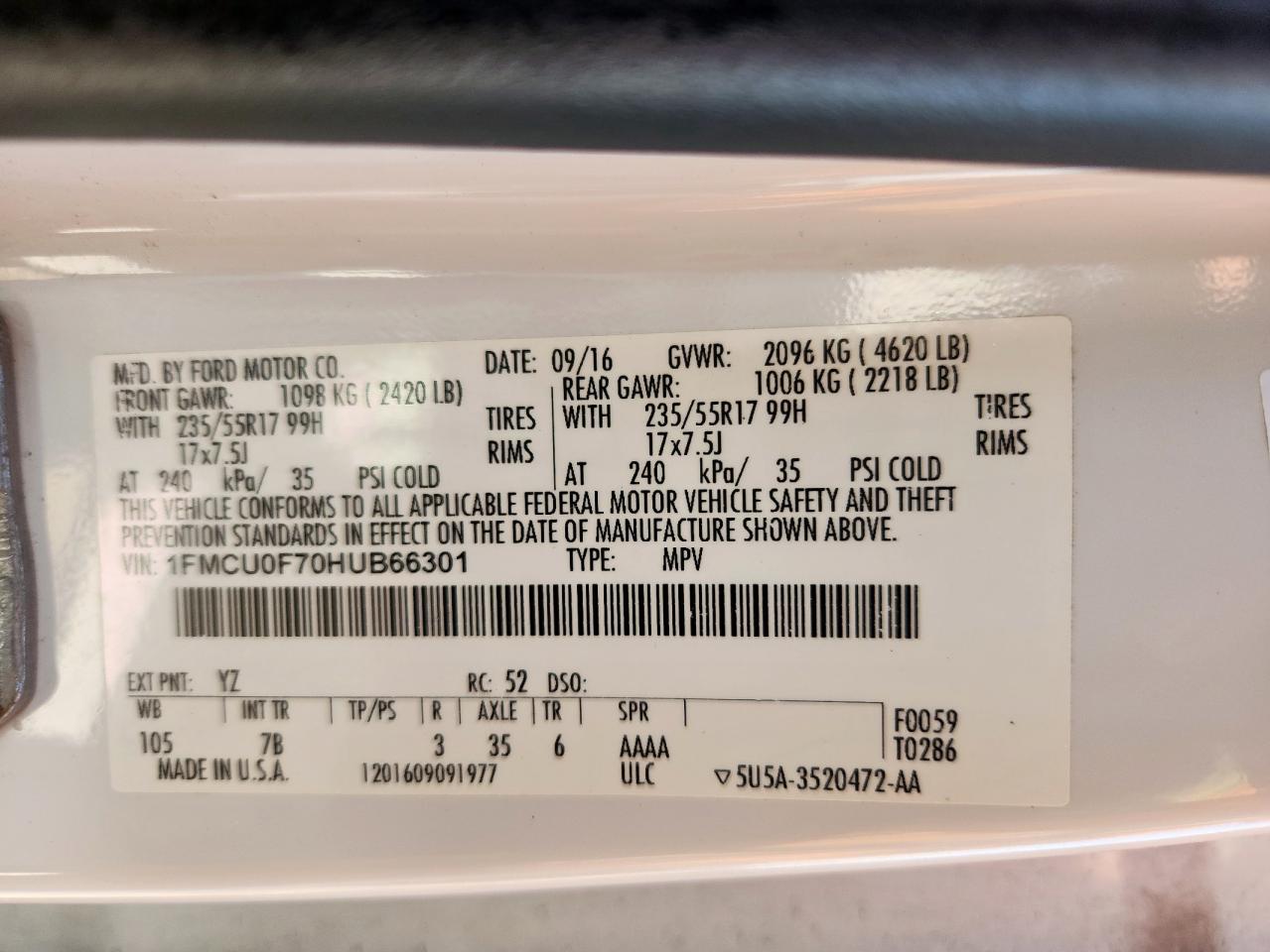 2017 Ford Escape S VIN: 1FMCU0F70HUB66301 Lot: 81644055