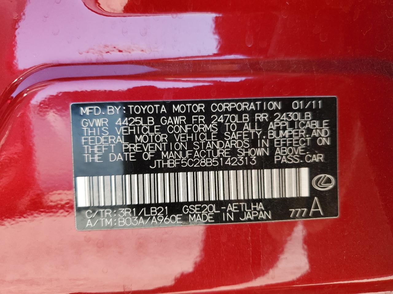 2011 Lexus Is 250 VIN: JTHBF5C28B5142313 Lot: 81610505